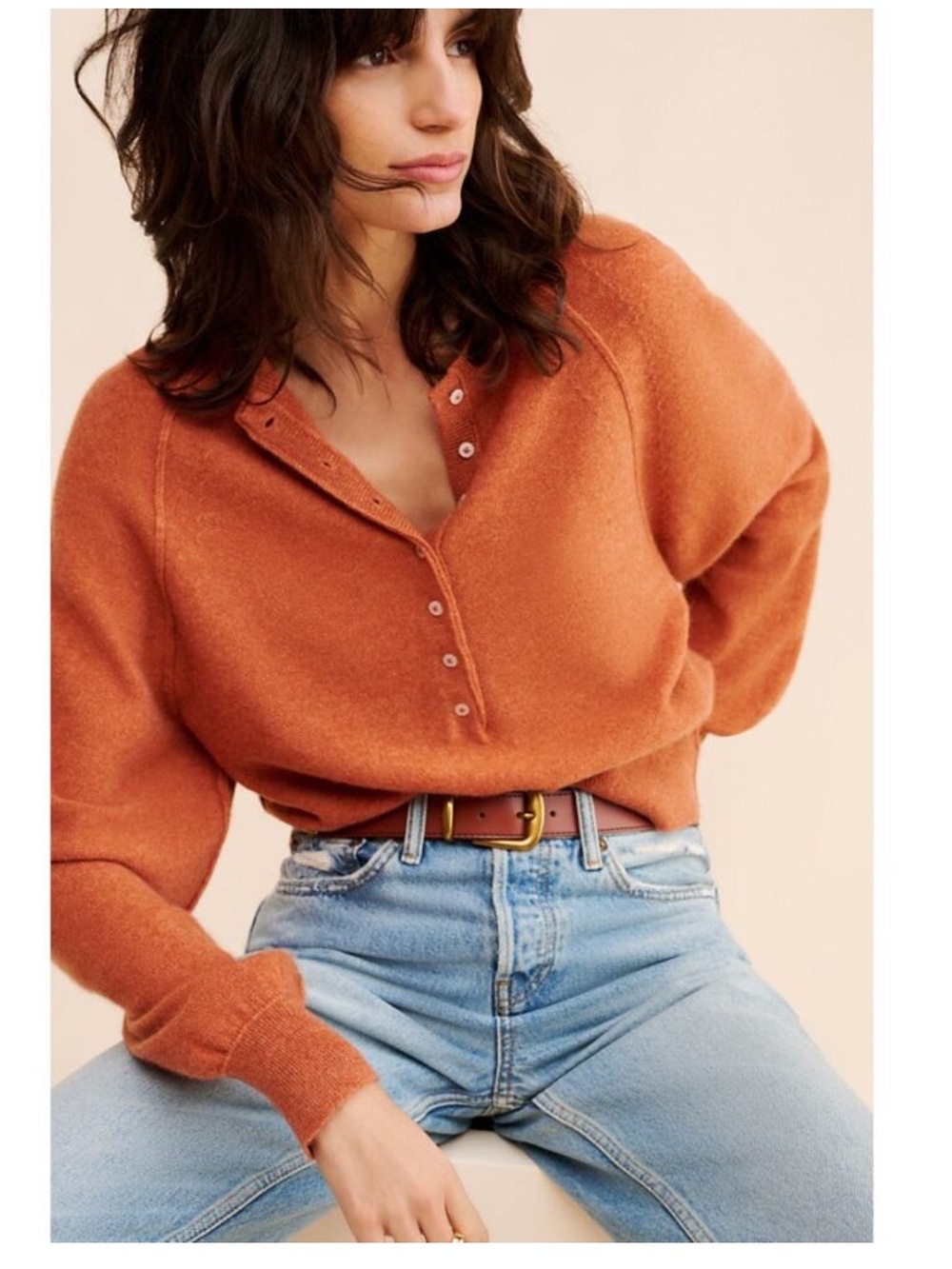 Free People Porta Cashmere Henley Sweater Orange Preppy Spring Comfy Soft
